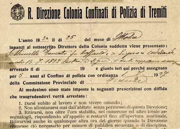 Regolamento del confino di Donato Settimelli Fondo Leoncarlo Settimelli